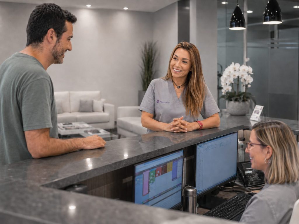 Equipo en recepción clinica dental Leganes recibiendo a una priMera visita