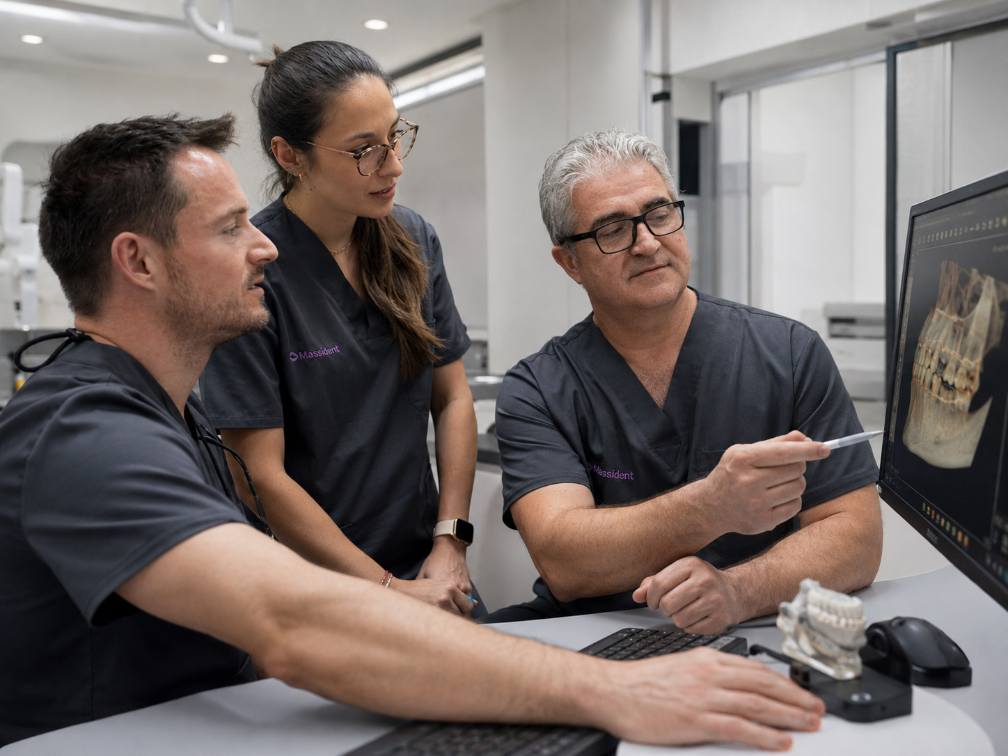 Equipo de cirujanos de Massident Leganés estudiando un caso de implantes dentales
