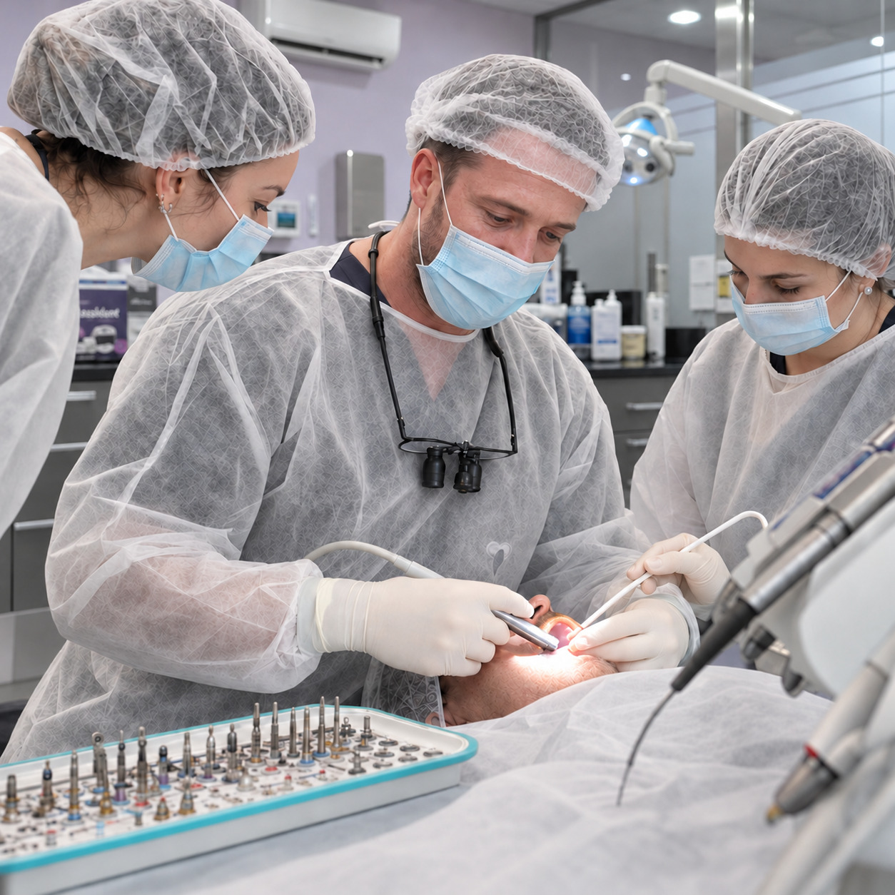 Procedimiento dental en clínica gris