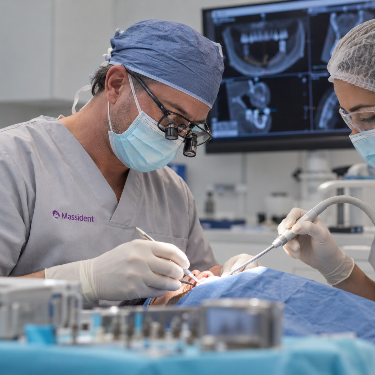 equipo medico especialista en implantes dentales realizando tratamiento de implantes a paciente en la clinica dental de leganes