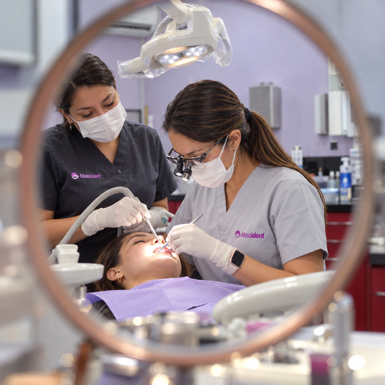 Equipo de ortodoncistas colocando brackets dentales durante una cita de inicio del tratamiento de ortodoncia fija.