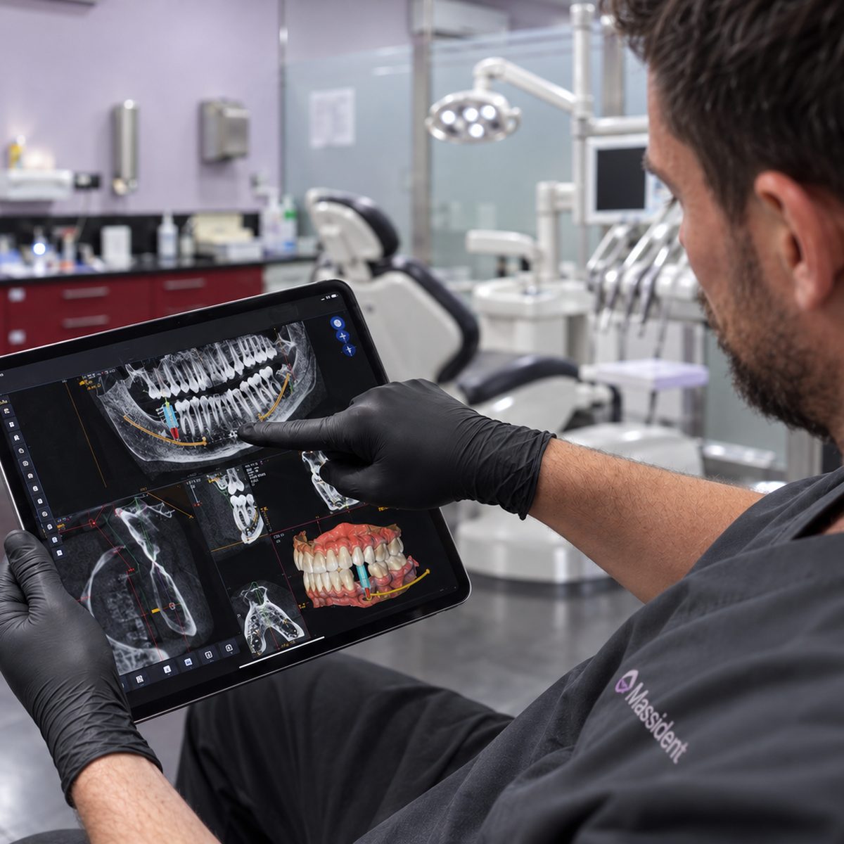 cirujano planificando un caso de implantes dentales con la tablet conectada al tac 3d
