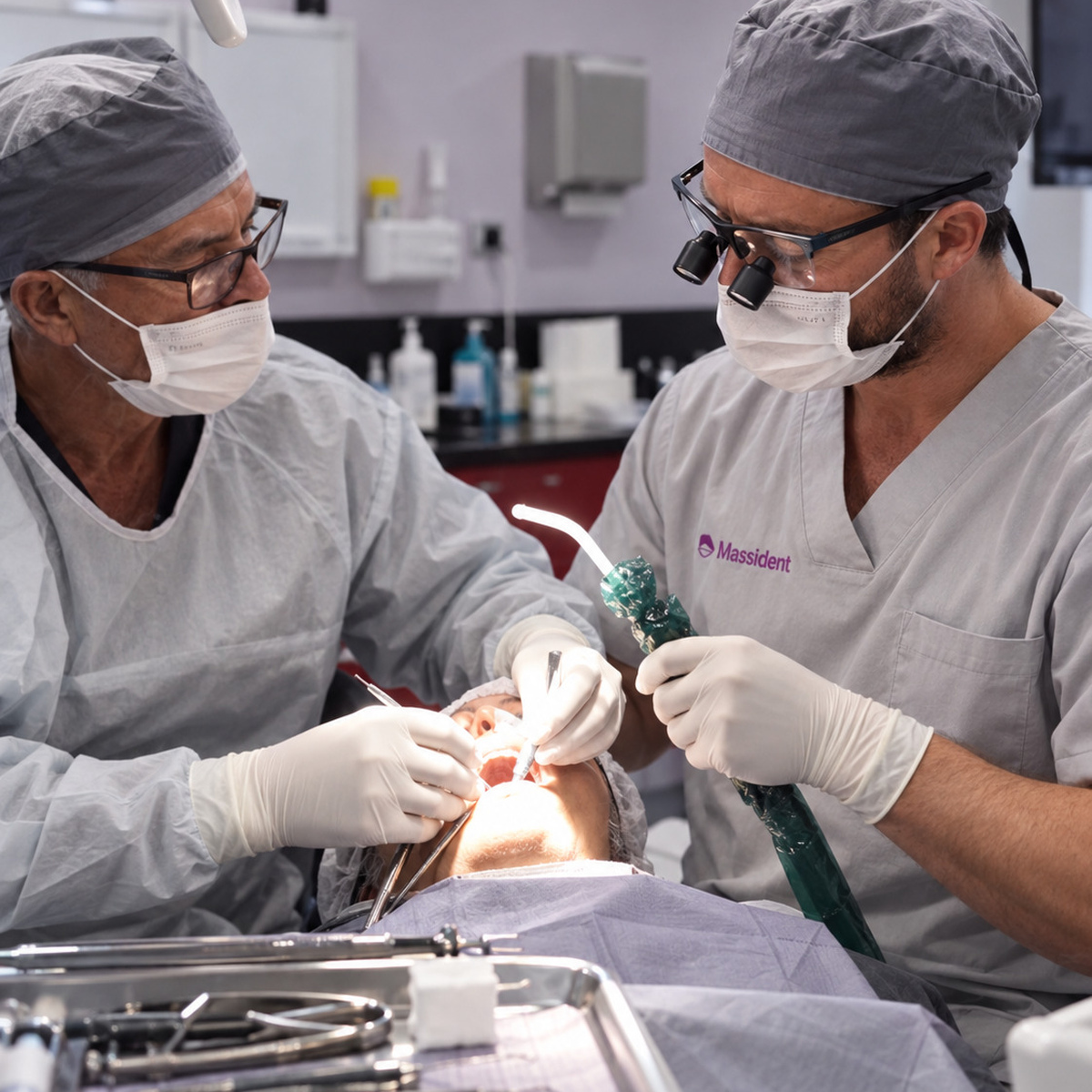 cirujanos tratando a un paciente con periodontitis